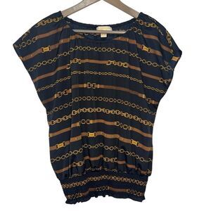 Vintage Michael Kors Equestrian Print Blouse Womens Large Navy Blue Sleeveless